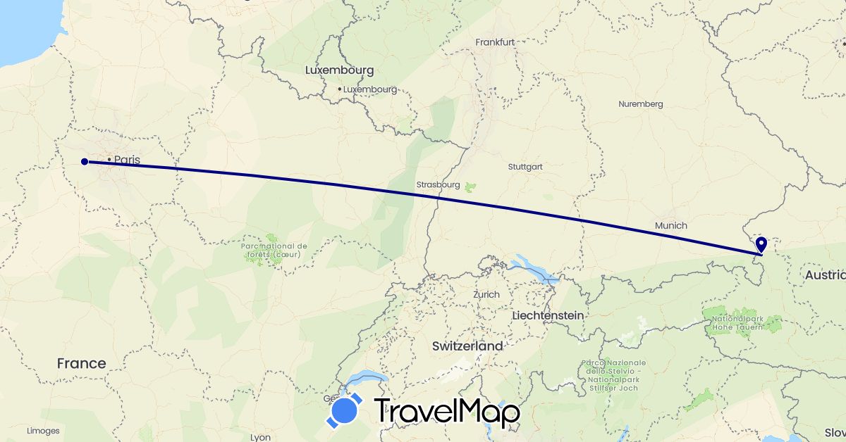 TravelMap itinerary: driving in Austria, France (Europe)